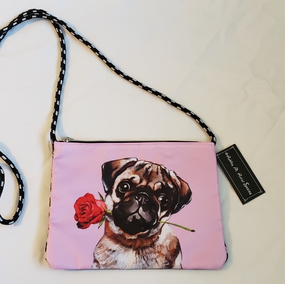 Pug with Rose Fabric Crossbody Bag
